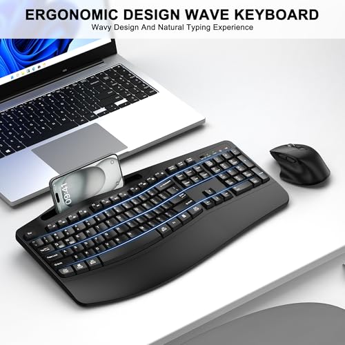 Wireless Keyboard and Mouse Combo, 2.4G Full Size Wave Keys Ergonomic Keyboard with Wrist Rest, Phone Holder, 3-Level DPI ...