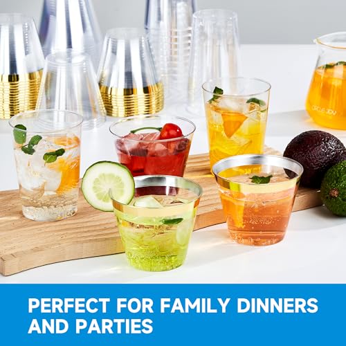 RACETOP 9 oz 200 Pack Plastic Cups with Gold Rim, Disposable Gold Rim Clear Plastic Cups for Parties, Gatherings, Wedding...
