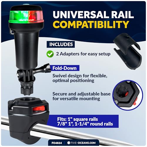 Five Oceans LED Portable Bi-Color Boat Navigation Light, Rail Mount Swivel Base, 2 NM Visibility, IP67 Waterproof, Batter...