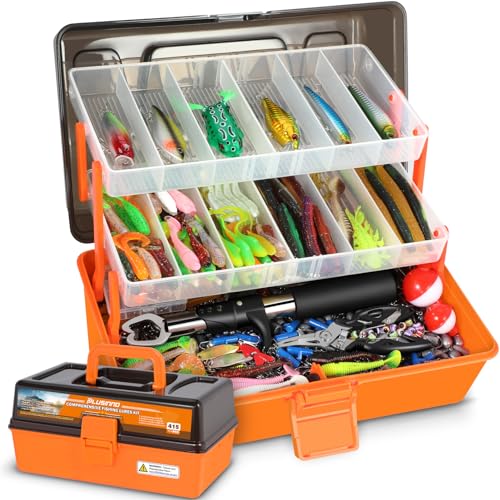 PLUSINNO Large 3 Layers Fishing Tackle Box with Tackle Included, 415Pcs Fishing Lures Kit Contains Pliers, Crankbait, Hook...