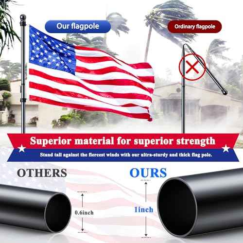 PHITRIC Flag Pole Kit, Tangle Free Spinning Stainless Steel Rustproof Flagpole for 3x5 Sports Fan Outdoor Flags for Outside House (Black, 6FT, with Bracket)
