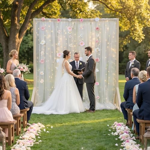Gilprop 2 Panels White Tulle Backdrop Curtain with Lights String & 5 Pcs Artificial Hanging Flowers Garland 10×8ft Sheer B...