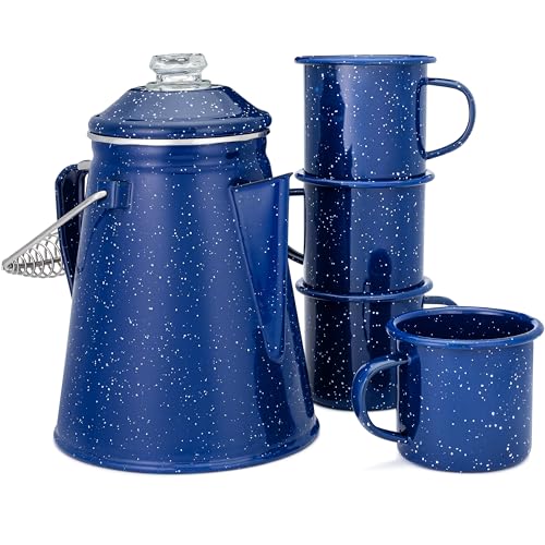 COLETTI Classic Enamel Set Coffee Percolator & Mugs — The Most Nostalgic Camping Coffee Pot, Now Modernized [Blue Enamel, ...
