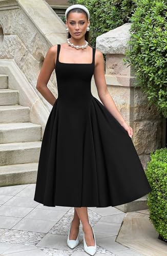 Memoriesea Women's Elegant Square Neck Swing A Line Wedding Evening Party Midi Dress
