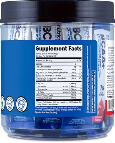 Nutricost BCAA+ Hydration Fruit Punch Flavor (20 Stickpacks) - Branched Chain Amino Acids with Hydration Complex - Gluten-...