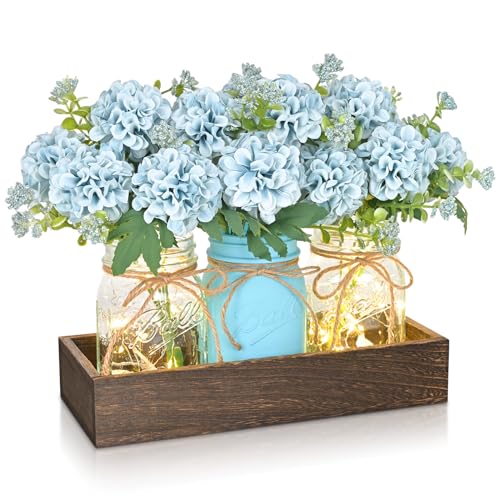 BLEUM CADE Centerpiece Table Decorations - 3Pcs Hydrangea Artificial Flowers in Mason Jars with Wood Tray for Dining Table...