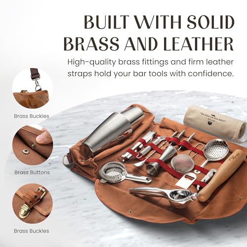 Travel Bartender Kit Bag | Professional 17-Piece Copper Bar Tool Set with Portable Bar Bag and Shoulder Strap for Easy Car...