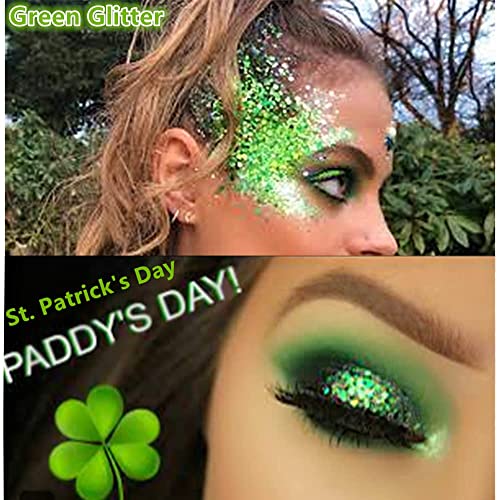 Go Ho Green Face Body Glitter,St Patricks Day Face Glitter Makeup,Green Face Paint Holographic Chunky Sequins Glitters for...