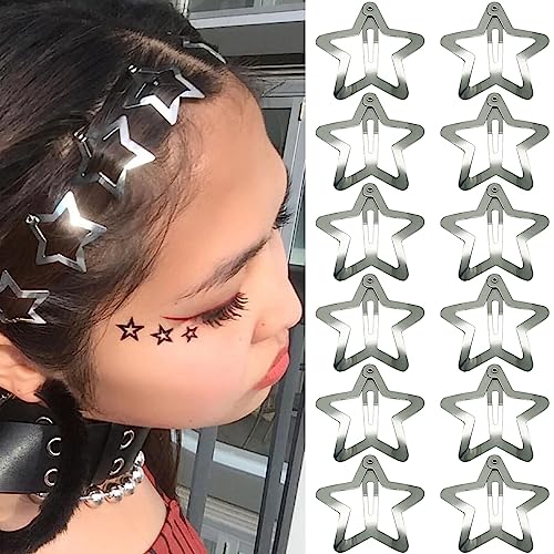 GKETN 12 PCS 1.61" Star Hair Clips Snap Hair Barrettes Non Slip Star Hair Accessories Women 2000s Y2K Silver Metal Hair Clips