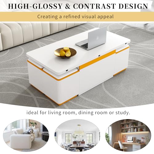 HomVent 47.72" Lift-Top Coffee Table, Wood Coffee Tables with 4 Storage Stools, Modern Couch Side Table, Space Saving Center Cocktail Table with Foldable Top for Living Room Bedroom