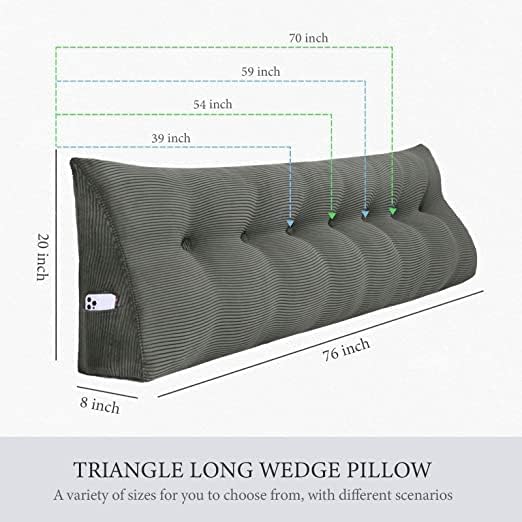 Wedge Headboard Pillow Dorm Room Reading Pillow Back Support for Sitting Up in Bed Bolster Lumbar Cushion Body Positioning Bedrest Corduroy (Dark Gray, Queen (59 * 8 * 20in))