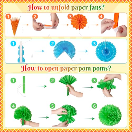 35PCS Fiesta Paper Fan Party Decorations Set - Cinco De Mayo Pom Poms,Pennant,Garland String,Banner,Hanging Swirls Hispani...