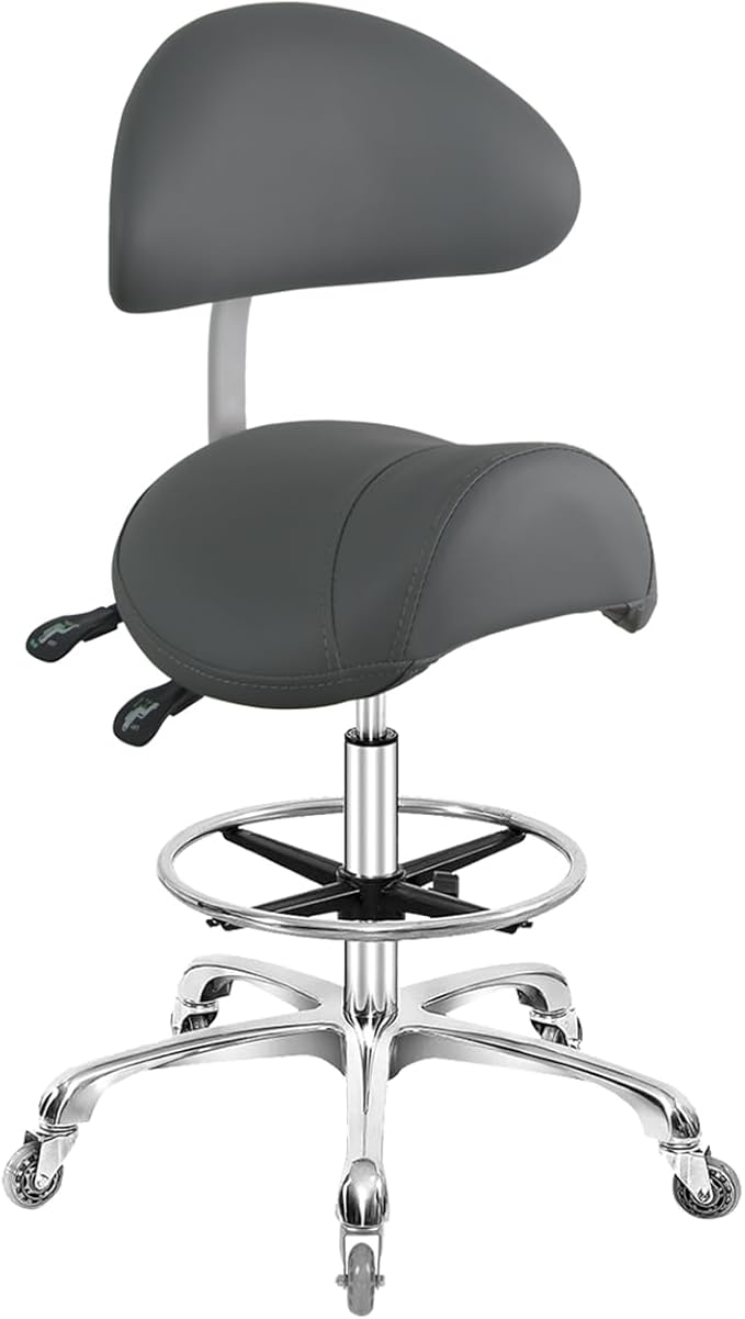 Nazalus Saddle Stool Chair with Back Support Footrest, Heavy-Duty(350LBS), Hydraulic Rolling Swivel Adjustable Stool Chair for Salon Spa Beauty Massage Dental Clinic Home Office Use(Grey)