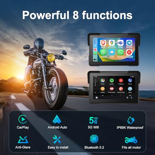 Wireless Motorcycle Apple Carplay,7 Inch Portable Motor GPS Navigation with Apple Carplay & Android Auto,Siri & Google Ass...