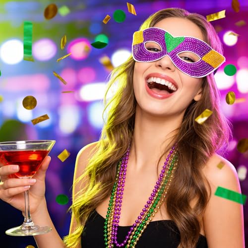 Sdfvsdg 24 Pcs Mardi Gras Face Masks and Necklaces Mardi Gras Costumes Outfit Accessories 6 Sequin Eye Mask 18 Colorful As...