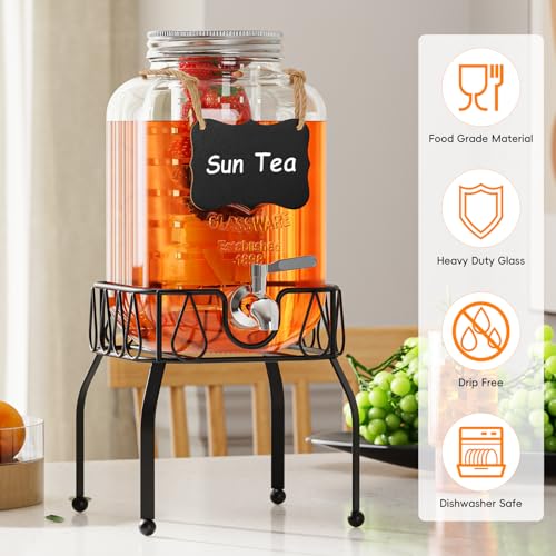 OneDream Glass Drink Dispenser for Parties, 1Gallon Beverage Dispenserd with Stand, Lemonade Dispenser with Stainless Stee...