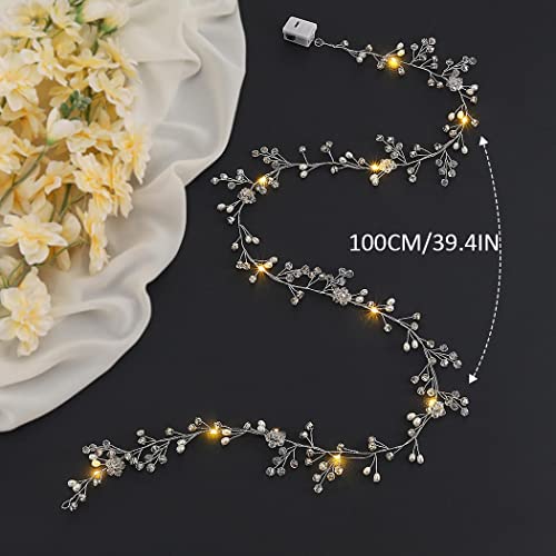 Yean Led Bride Wedding Hair Vine Long Light Up Bridal Headband Silver Crystal Hair Accessories Crystal Costume Party Headp...