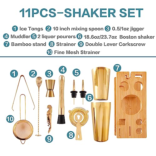 AUOXIOUYM 11-Pcs Cocktail Shaker Set Gold,Bartending Kit Stainless Steel Shakers 25oz Bar Kits for Bartender Mixing Set Ba...