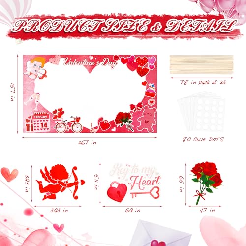 AceOrbit 105 Pcs Valentine Day Photo Booth Prop Kit Large Size Photo Kissing Booth Frame Hand Props Red Hearts Felt Hangin...