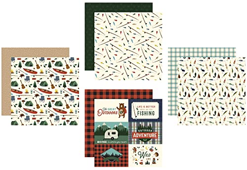 Fishing Scrapbook Paper - 12x12 Inch Cardstock with Fishing Pole, Fish, Outdoor Adventure Theme | for Boat, Lake, Fisherma...