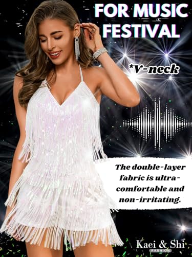 Kaei&Shi Sequin Fringe Romper,Sparkly Glitter Metallic Jumpsuits For Women,Backless Shorts Dress Disco Birthday Dance Outfit