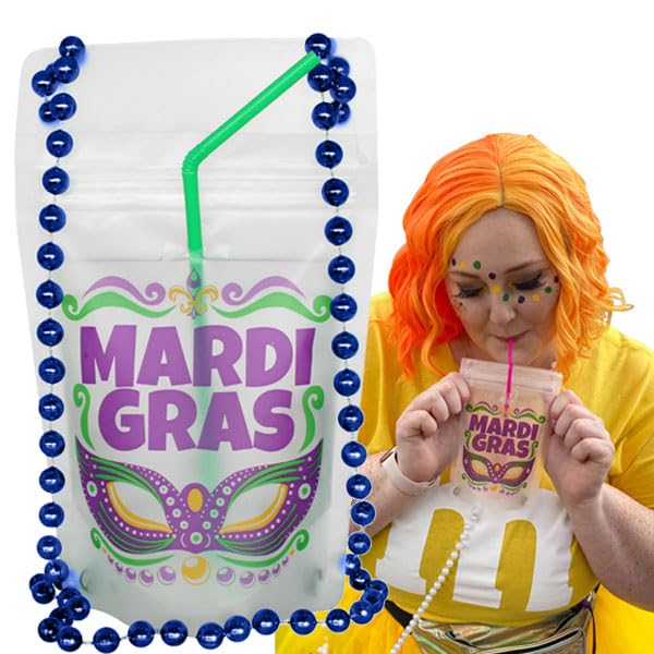 Mardi Gras NeckSip® Wearable Drink Pouches (12oz, 2pk, Gold Beads) Essential for Mardi Gras Parades, Carnival Celebration...