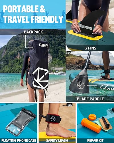 FUNKEE 11’×34"×6" Extra Wide Inflatable Stand Up Paddle Board, Sup Board with Removable Fins, Backpack, Floating Paddle, S...