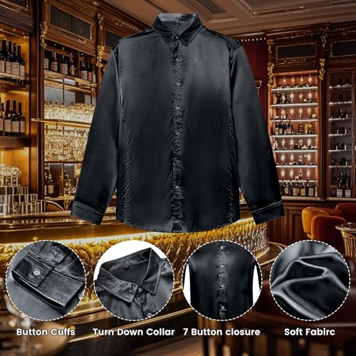 AOTORR Men's Luxury Shiny Silk Like Satin Button Up Dress Shirts Slim Fit Long Sleeve Nightclub Party Disco Prom Shirts