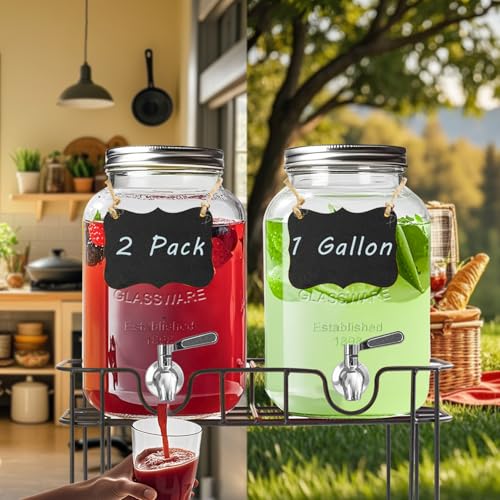 Einfache 1 Gallon Drink Dispenser with Stand,2 Pack Beverage Dispenser with Stand & Stainless Steel Spigot,Glass Water Lem...