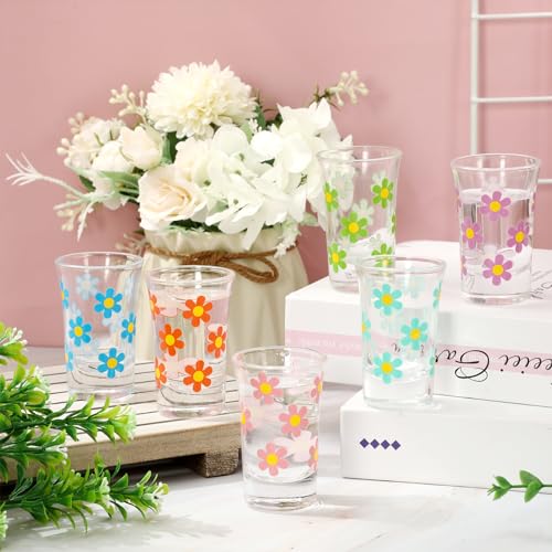 Whaline 6Pcs Daisy Shot Glasses 6 Colors Daisy Flower Drinking Glasses 1.7oz Colorful Small Glass Shot Cups for Party Bar ...