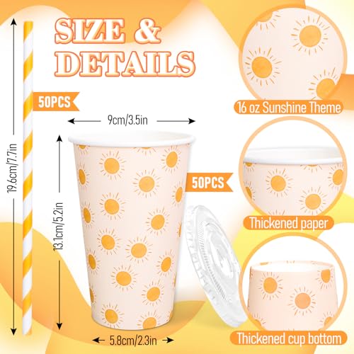 JarThenaAMCS 50 Set Boho Sun Paper Cups with Lids and Straws 16Oz Disposable Cute Sunshine Iced Coffee Tea Cups for Tea Bi...