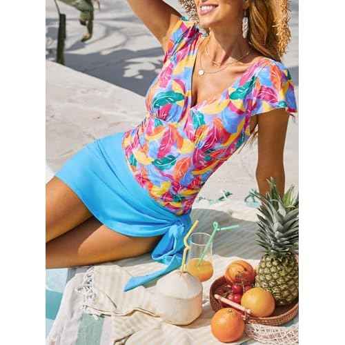 Dokotoo Women's One Piece Swimsuits with Cover up Wrap Skirt Tummy Control V-Neck 2 Piece Padded Bathing Suits