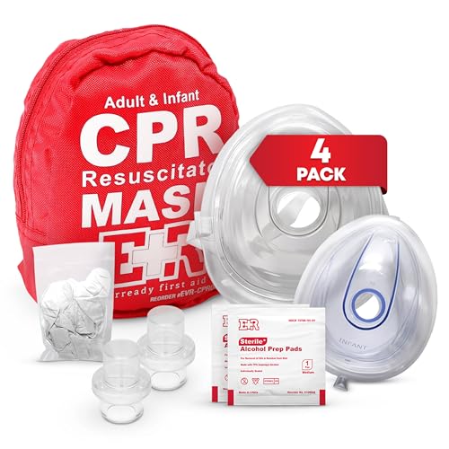 Adult and Infant CPR Mask Combo Kit – 4-Pack – 8 Valves, 4 Gloves, 8 Alcohol Pads – Latex-Free, Portable Pouch for First R...