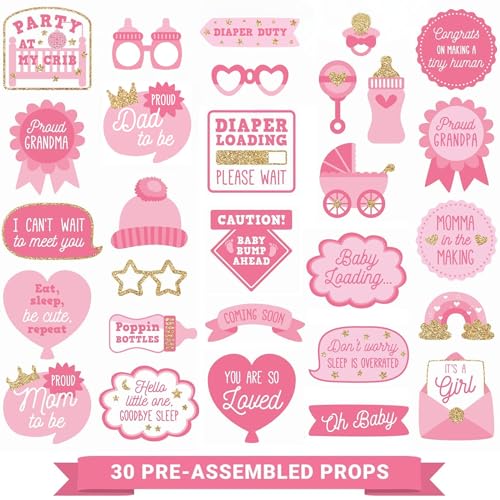 Fully Assembled Baby Shower Photo Booth Props - Set of 30 - Girl Baby Shower Selfie Signs - Pink Party Supplies & Decorati...