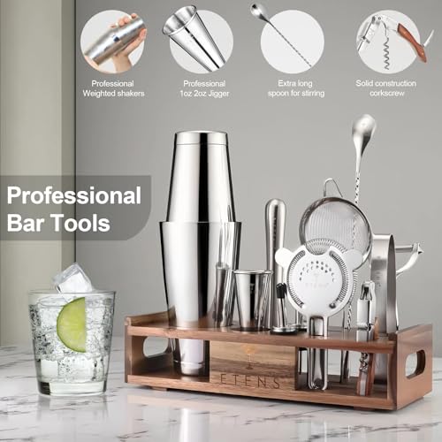 Premium 15-Piece Mixology Bartender Kit – Stainless Steel Cocktail Shaker Set with Wooden Stand | Professional Boston Shak...