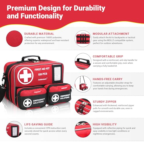 Aoldersson 520 Piece Large First Aid Kit – Emergency Survival Kit for Car, Home, Camping, and Travel – Compact Medical Kit...