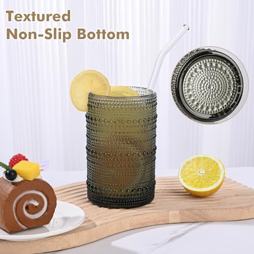ZMOWIPDL Vintage Hobnail Drinking Glasses Set of 8,Grey 12 oz & 15oz Highball Glass Cups, Kitchen Drinkware Glassware,Embo...