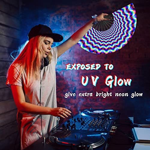 OMyTea UV Glow Rave Fan Foldable for Women/Men/Drag Queen - Large Clack Festival Folding Hand Fan - for EDM, Music Festiva...