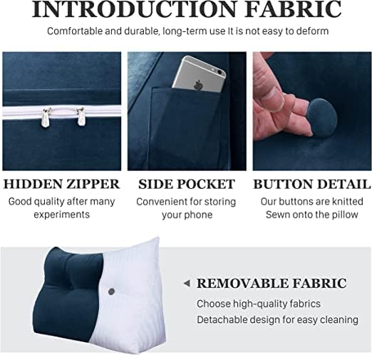 Wedge Headboard Pillow Dorm Room Reading Pillow Back Support for Sitting Up in Bed Bolster Lumbar Cushion Body Positioning Bedrest Velvet 59in Navy Blue Queen