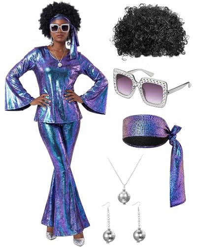 Jexine 70s Women Disco Outfit Costume Disco Party Top Pants Sunglasses Ball Necklace Earring Wig for Halloween New Year Eve
