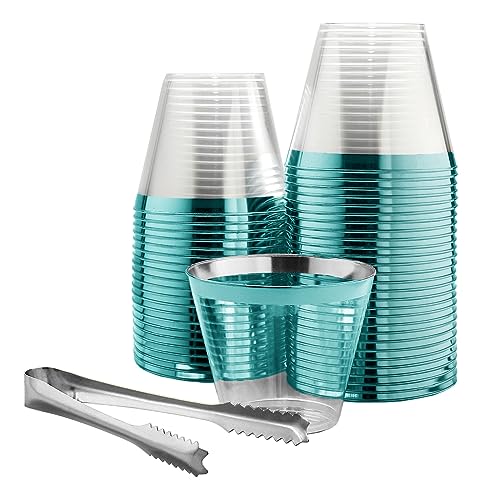 100 Teal Rimmed Plastic Cups and 1 Silver Ice Tong Set - 9 Ounce Disposable Wine Glasses - Plastic Cocktail Glasses - Fanc...