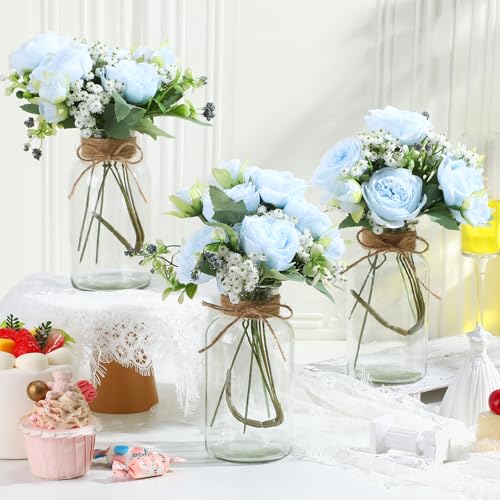 Zeyune 6 Sets Vintage Glass Vases with Artificial Peony Baby's Breath Flower Bouquets Wedding Centerpiece Farmhouse for Va...