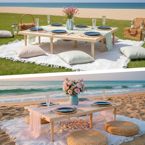 Hahafelt 2 Set Low Picnic Table, Foldable Boho Picnic Table with Extra Large Outdoor Camping Blanket Portable Boho Wood BB...