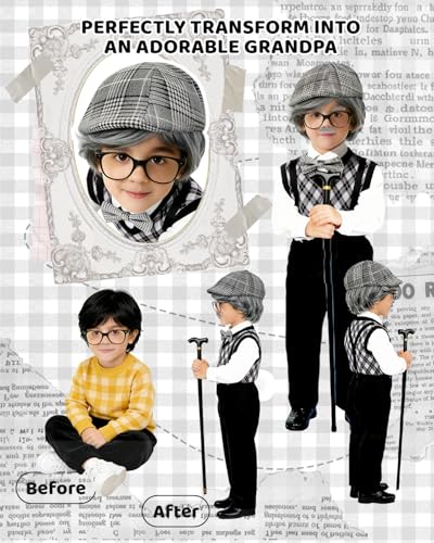 Kevsuvqin Kids Old Man Costume for Boys 9 Pcs Set, 100 Days of School Costume Boys with Adjustable Cane, Wig, Vest(Ages 3-12)