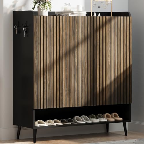 GarveeHome Shoe Cabinet，Large Shoe Cabinet with 3 Doors,Adjustable Shelves, Shoe Organizer with Doors for Hallway, Entryway, Living Room,Black+Nut-Brown
