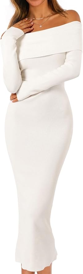 MEROKEETY Women's Winter Off Shoulder Bodycon Sweater Dress 2026 Spring Formal Long Sleeve Elegant Club Party Midi Dresses