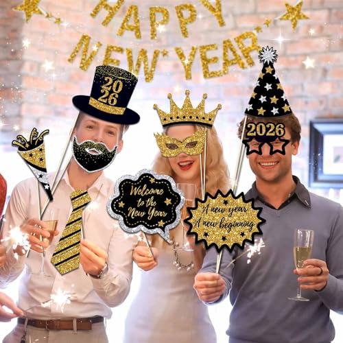 WEIKA, New Years Photo Booth Props 2026 - Huge, Pack of 30 | New Years Eve Photo Booth Props 2026 (Black Gold)