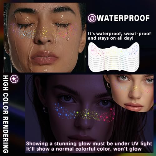 HOSAILY 8pcs Rainbow Face Glitter Freckles Temporary Tattoos, Glow Under UV Light in The Dark Neon Blacklight Multichrome ...