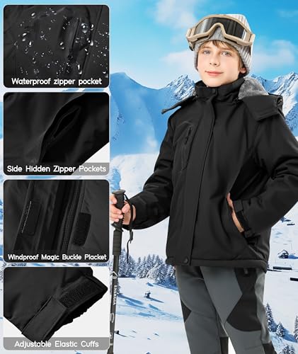 Buyboxs Kids Winter Jackets Warm Fleece Waterproof Snow Jacket with Zipper Pockets Detachable Hood