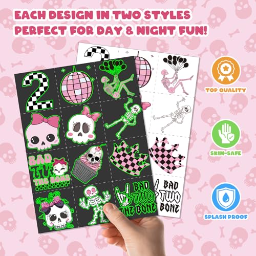 96 PCS Bad Two the Bone Party Favors Set – 72 Pre-Cut Temporary Tattoos & 24 Rock-Inspired Slap Bracelets for Kids, Perfec...